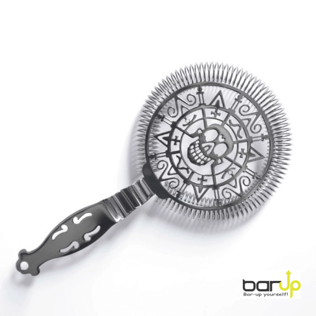 Profesionalni Hawthorne strainer s jedinstvenim dizajnom aztečke lubanje i crnom ručkom